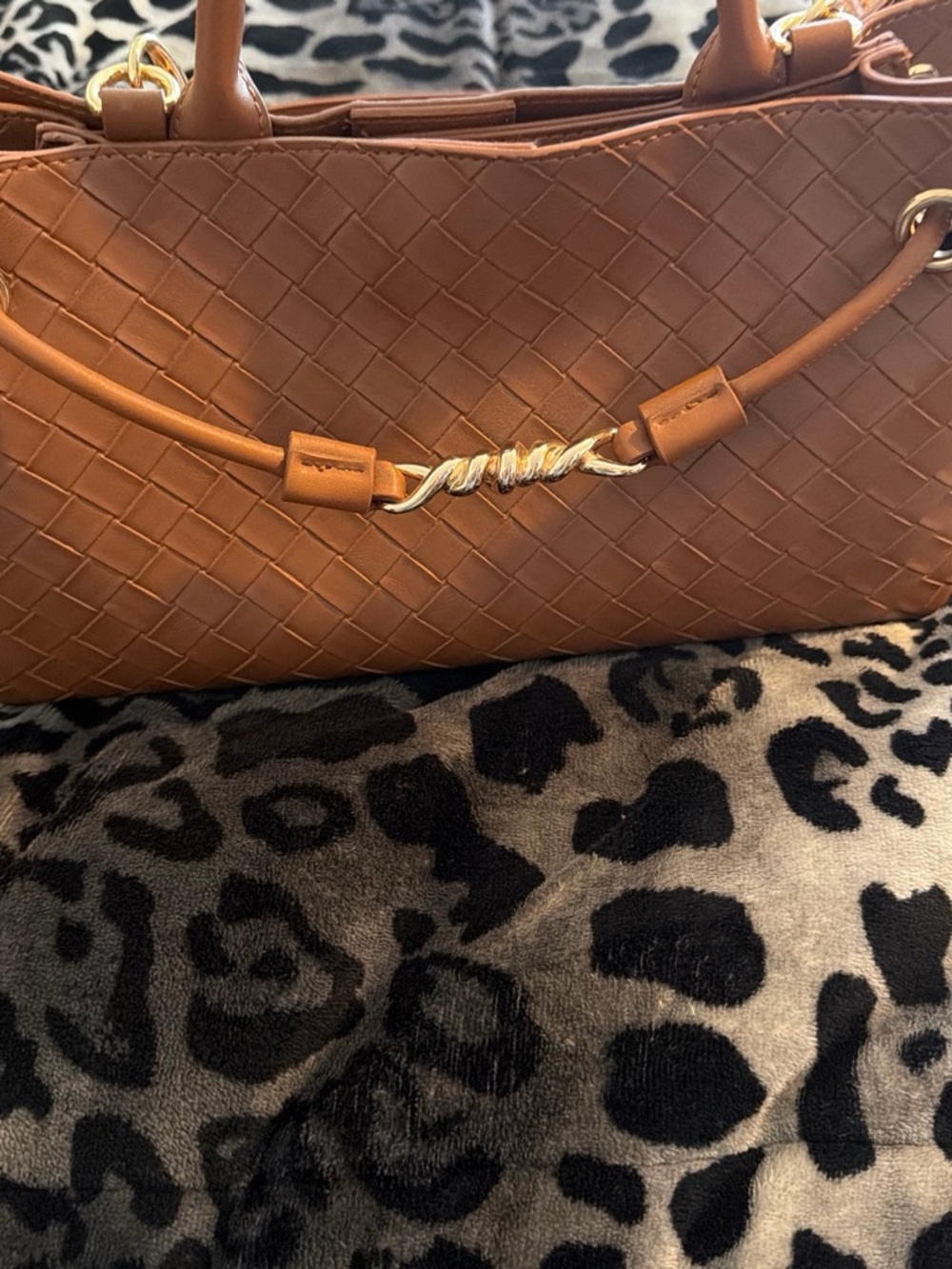 Woven Satchel Handbag in Cognac